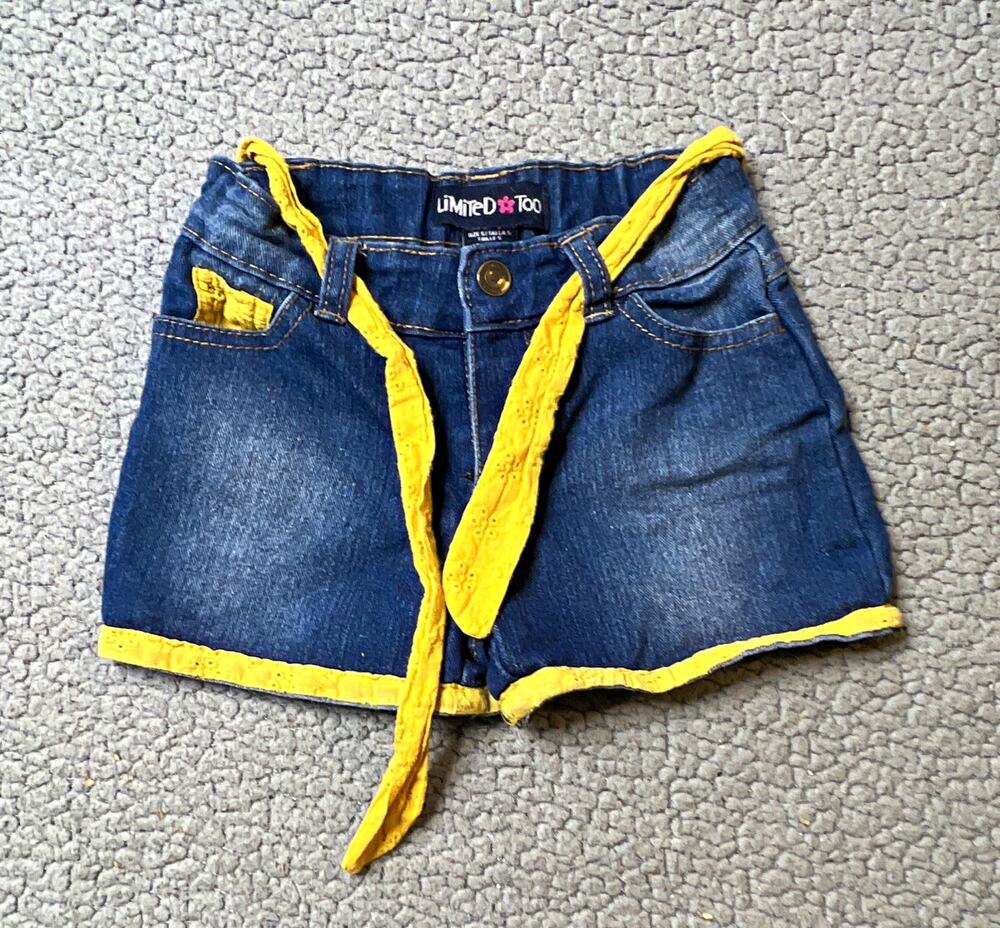 Limited Too Girls Blue Denim Shorts Yellow Trim Size 8 Pockets Belt Loops